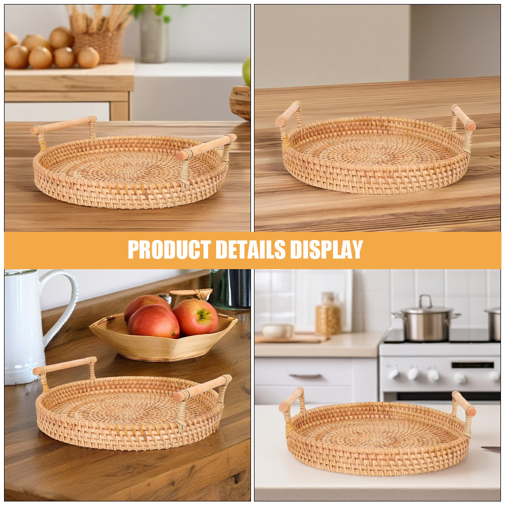 Nampan Rotan Bulat 32Cm Buatan - Rattan Tray Handle ulasan dan harga