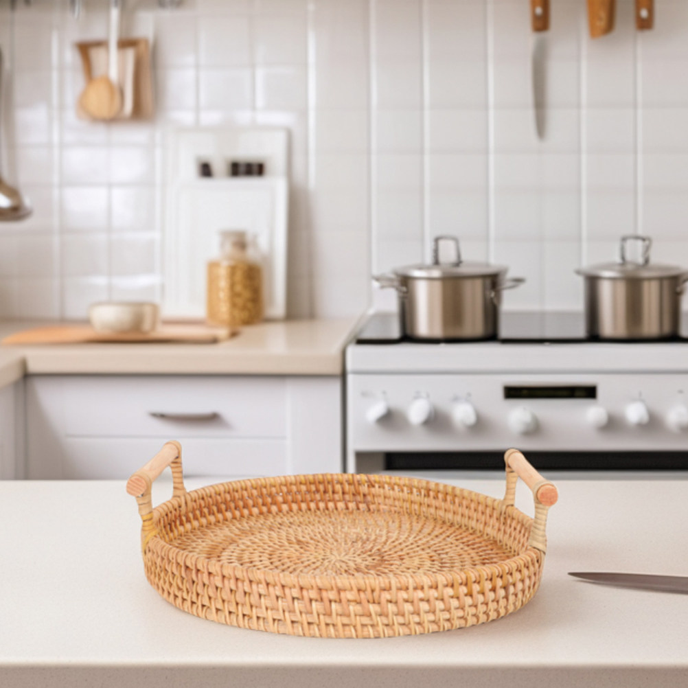 Nampan Rotan Bulat 32Cm Buatan - Rattan Tray Handle ulasan dan harga